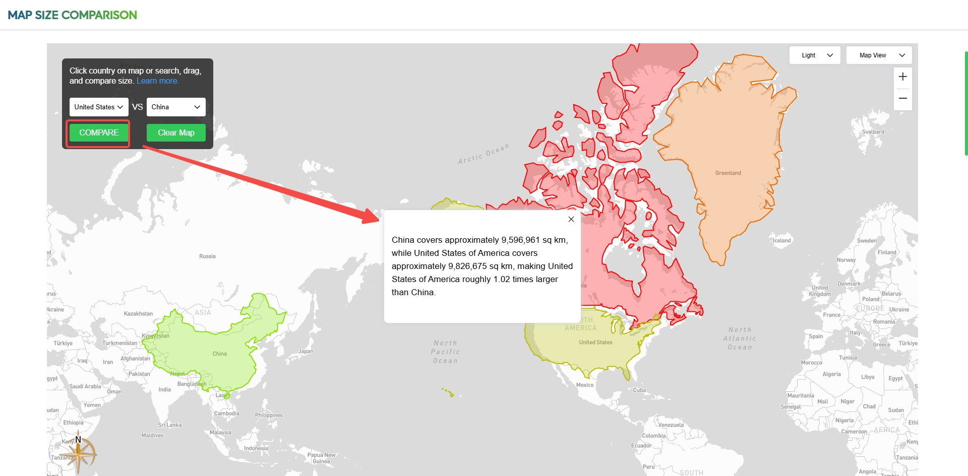 compare the actual size of countries